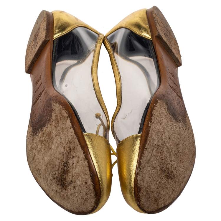 Pre Owned Saint Laurent Gold Leather And PVC Ballet Flats Size 39.5