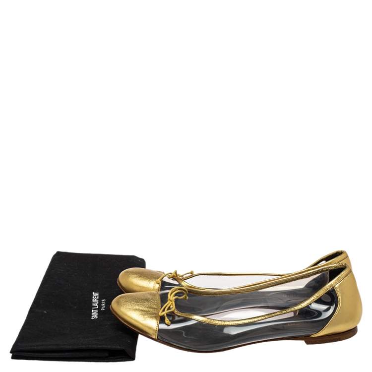 Pre Owned Saint Laurent Gold Leather And PVC Ballet Flats Size 39.5