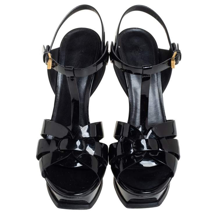 Pre Owned Saint Laurent Black Patent Leather Tribute Ankle Strap Pumps Size 40