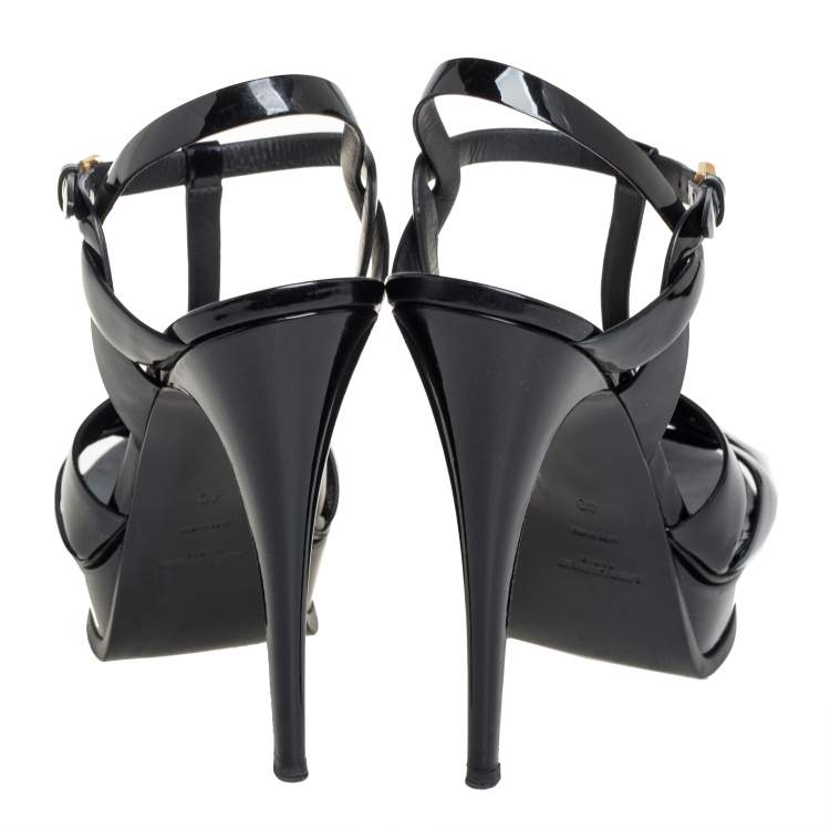 Pre Owned Saint Laurent Black Patent Leather Tribute Ankle Strap Pumps Size 40