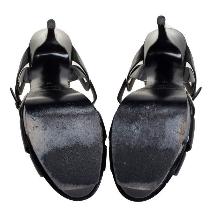Pre Owned Saint Laurent Black Patent Leather Tribute Ankle Strap Pumps Size 40