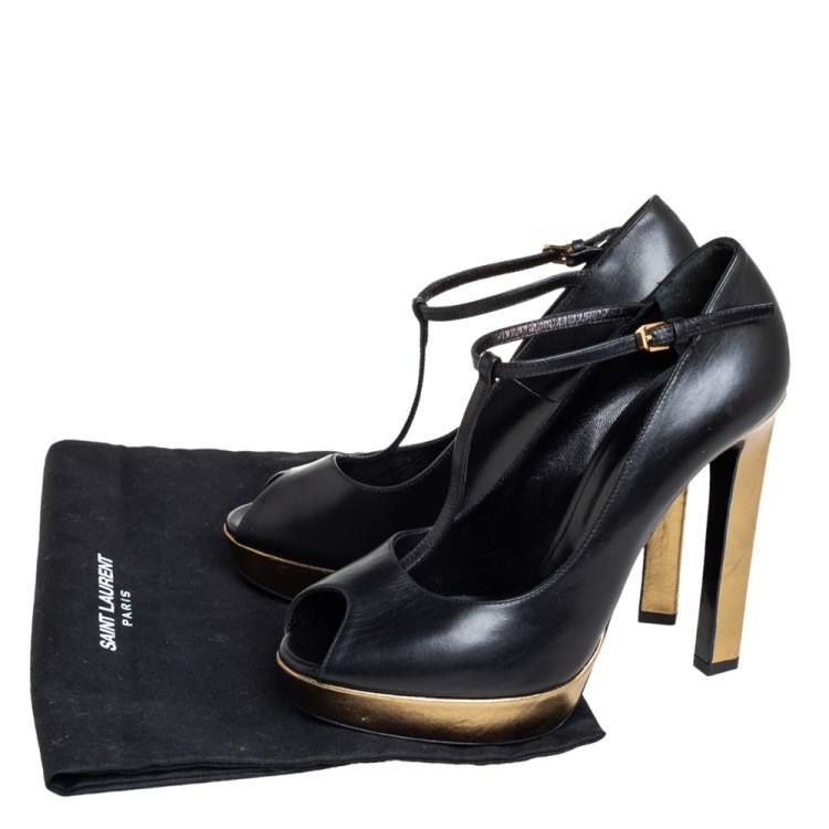 Pre Owned Saint Laurent Black/Gold Leather Peep Toe T- Strap Pumps Size 38