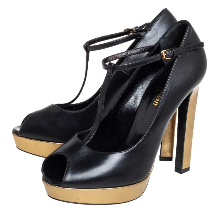 Pre Owned Saint Laurent Black/Gold Leather Peep Toe T- Strap Pumps Size 38