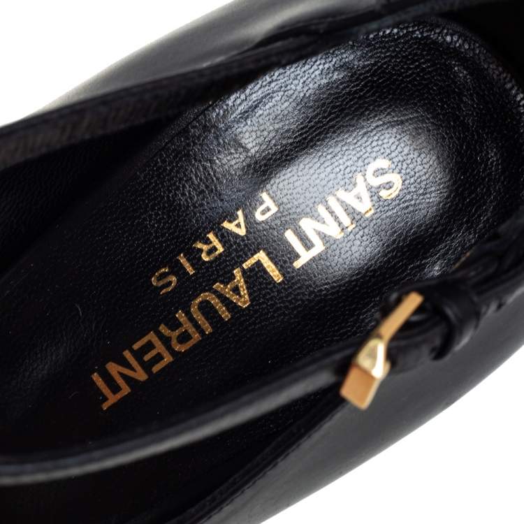 Pre Owned Saint Laurent Black/Gold Leather Peep Toe T- Strap Pumps Size 38