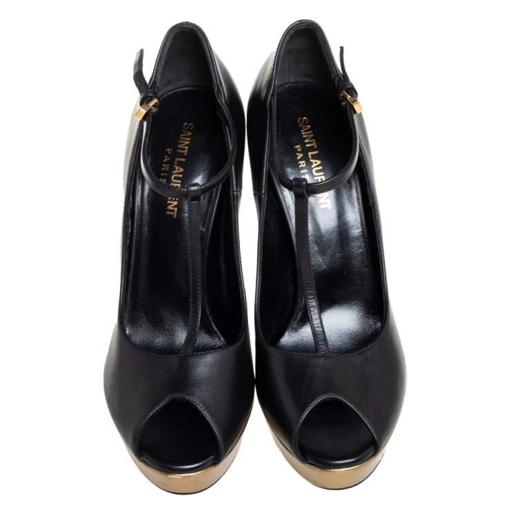 Pre Owned Saint Laurent Black/Gold Leather Peep Toe T- Strap Pumps Size 38