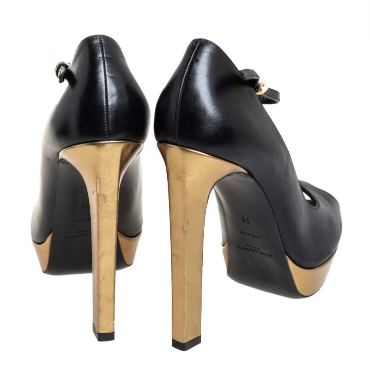 Pre Owned Saint Laurent Black/Gold Leather Peep Toe T- Strap Pumps Size 38