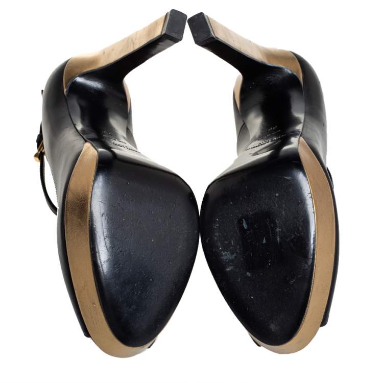 Pre Owned Saint Laurent Black/Gold Leather Peep Toe T- Strap Pumps Size 38