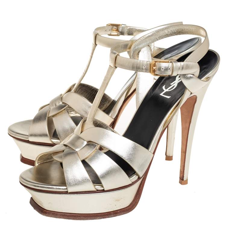 Pre Owned Saint Laurent Metallic Gold Leather Tribute Platform Ankle Strap Sandals Size 39.5