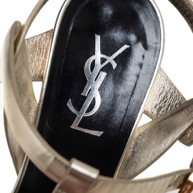 Pre Owned Saint Laurent Metallic Gold Leather Tribute Platform Ankle Strap Sandals Size 39.5