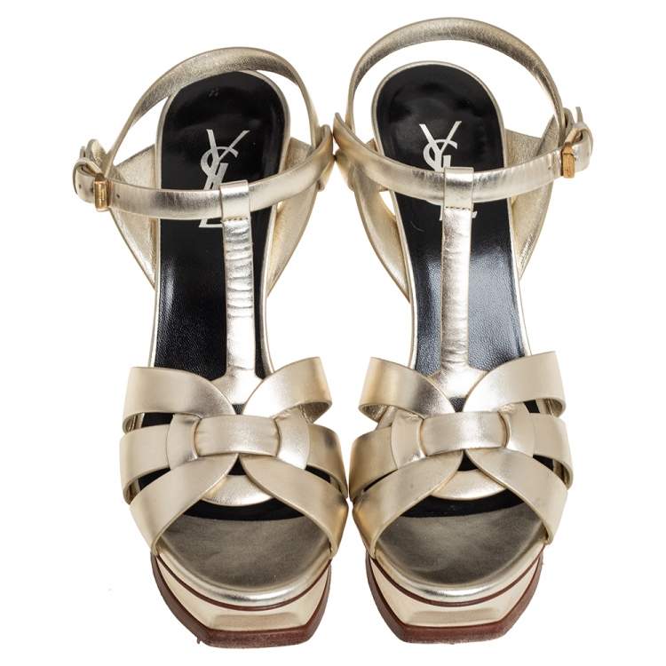 Pre Owned Saint Laurent Metallic Gold Leather Tribute Platform Ankle Strap Sandals Size 39.5
