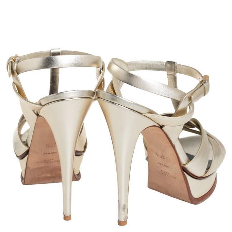 Pre Owned Saint Laurent Metallic Gold Leather Tribute Platform Ankle Strap Sandals Size 39.5