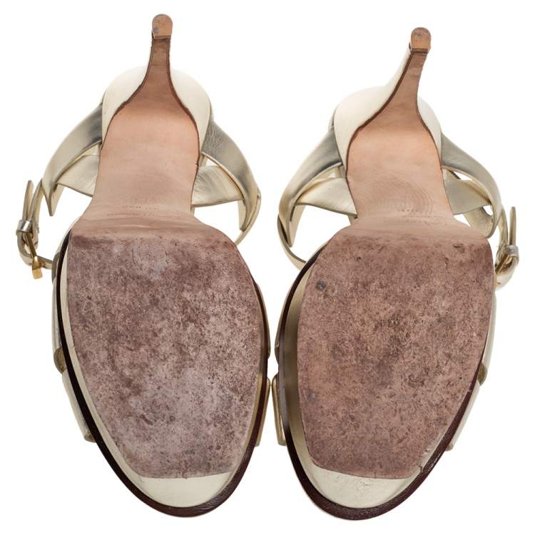 Pre Owned Saint Laurent Metallic Gold Leather Tribute Platform Ankle Strap Sandals Size 39.5