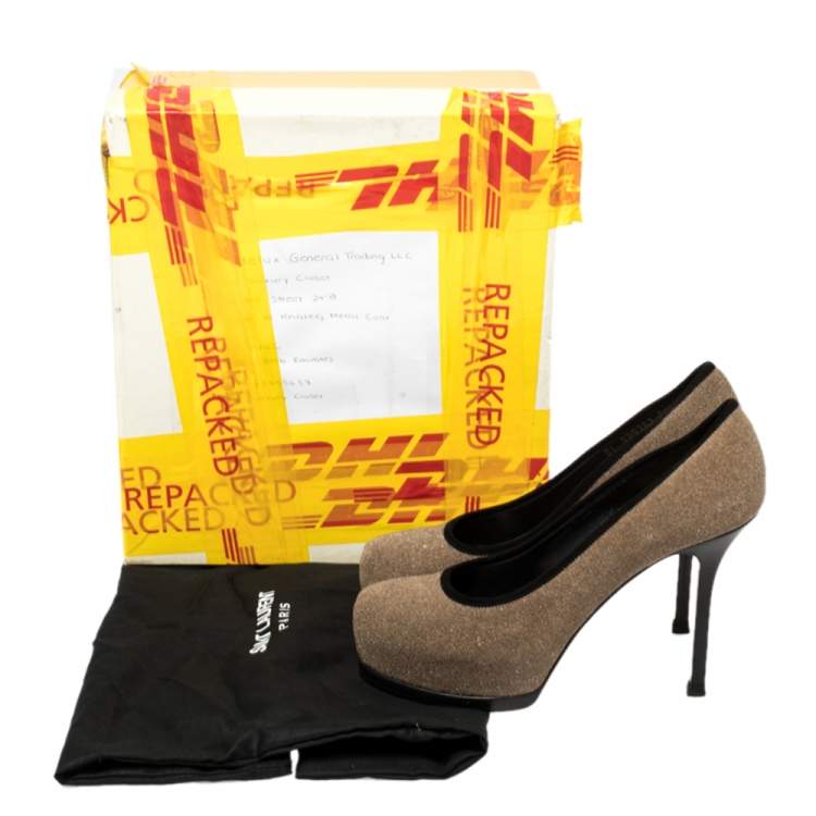 Pre Owned Saint Laurent Brown/Black Suede And Glitter Platform Pumps Size 36