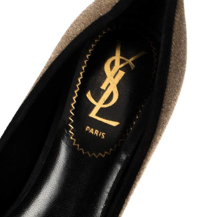 Pre Owned Saint Laurent Brown/Black Suede And Glitter Platform Pumps Size 36