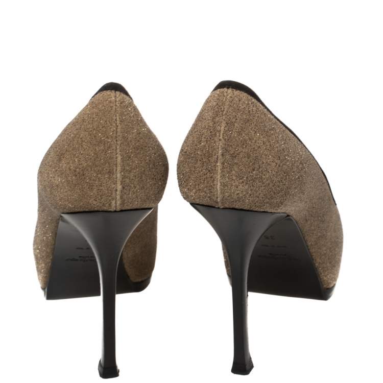 Pre Owned Saint Laurent Brown/Black Suede And Glitter Platform Pumps Size 36