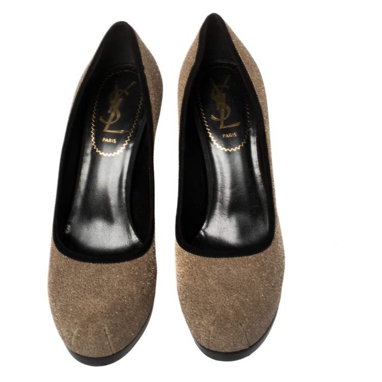 Pre Owned Saint Laurent Brown/Black Suede And Glitter Platform Pumps Size 36