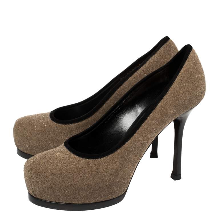 Pre Owned Saint Laurent Brown/Black Suede And Glitter Platform Pumps Size 36