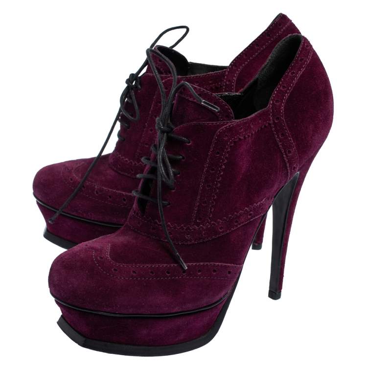 Pre Owned Saint Laurent Burgundy Suede Janis  Ankle Boots Size 38