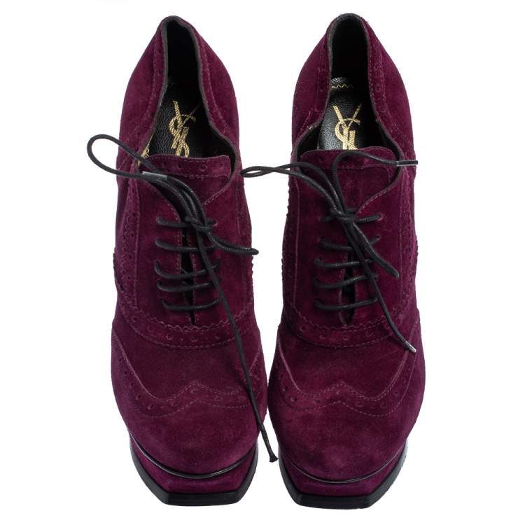 Pre Owned Saint Laurent Burgundy Suede Janis  Ankle Boots Size 38