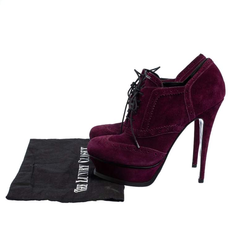 Pre Owned Saint Laurent Burgundy Suede Janis  Ankle Boots Size 38