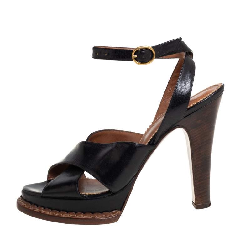 Pre Owned Saint Laurent Black Leather Ankle Strap Platform Sandals Size 39.5