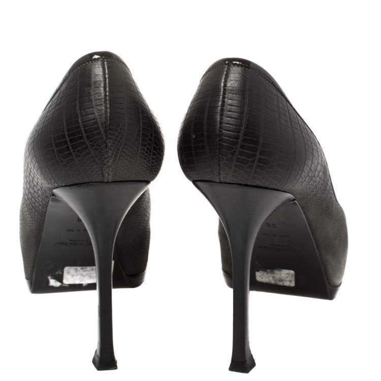 Pre Owned Saint Laurent Paris Black Lizard Embossed Leather Tribtoo Platform Pumps Size 36