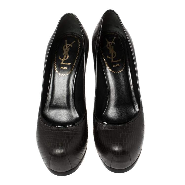 Pre Owned Saint Laurent Paris Black Lizard Embossed Leather Tribtoo Platform Pumps Size 36