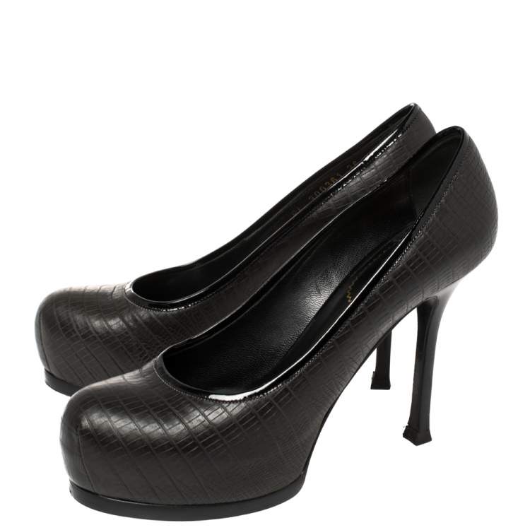 Pre Owned Saint Laurent Paris Black Lizard Embossed Leather Tribtoo Platform Pumps Size 36