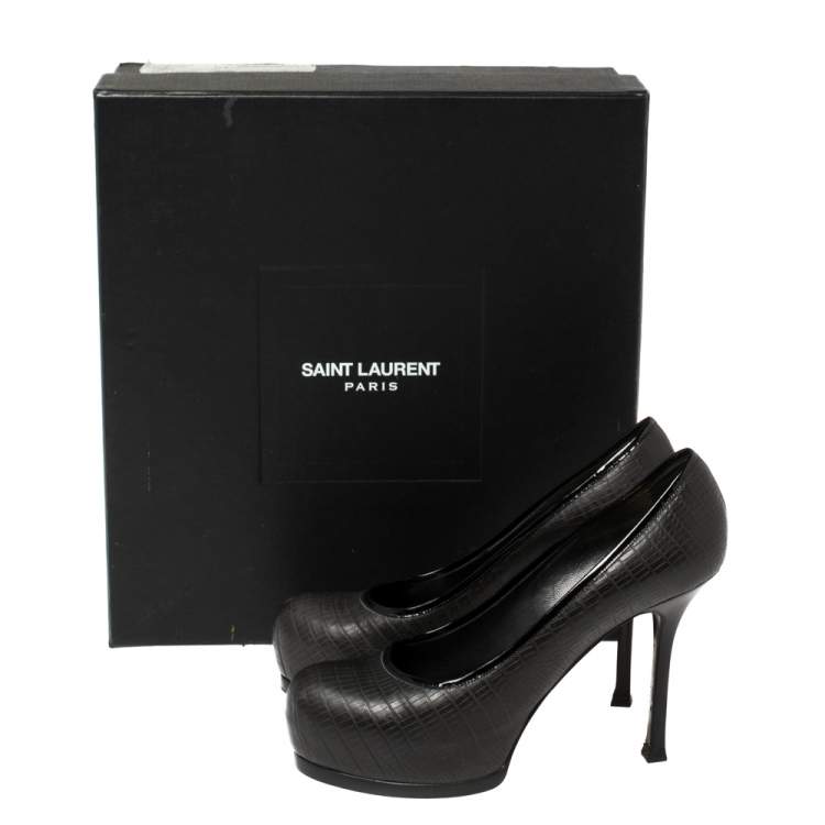 Pre Owned Saint Laurent Paris Black Lizard Embossed Leather Tribtoo Platform Pumps Size 36