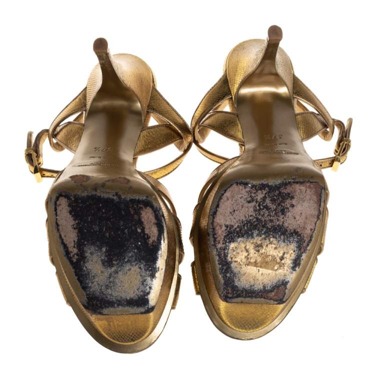 Pre Owned Saint Laurent Gold Leather Tribute Sandals Size 37.5