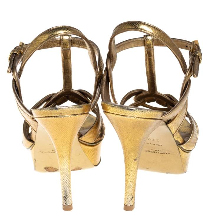 Pre Owned Saint Laurent Gold Leather Tribute Sandals Size 37.5