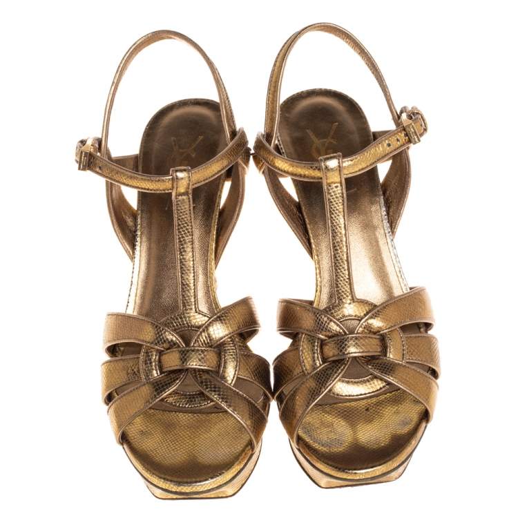 Pre Owned Saint Laurent Gold Leather Tribute Sandals Size 37.5
