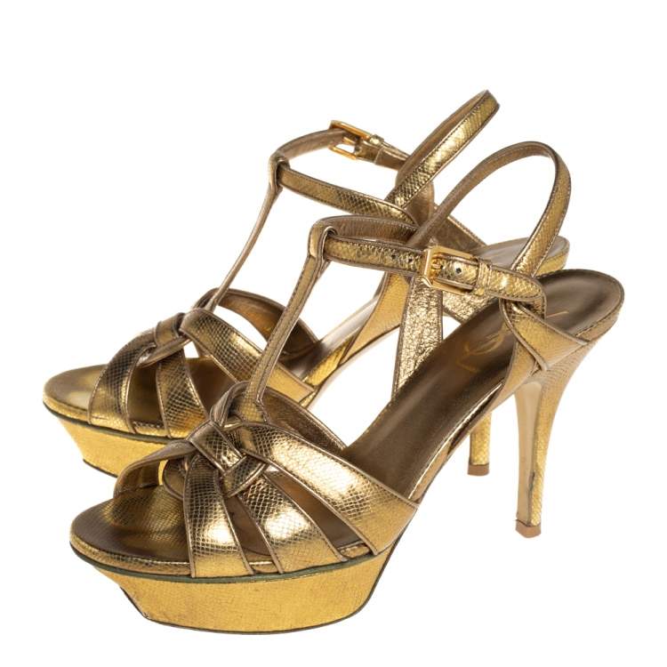 Pre Owned Saint Laurent Gold Leather Tribute Sandals Size 37.5