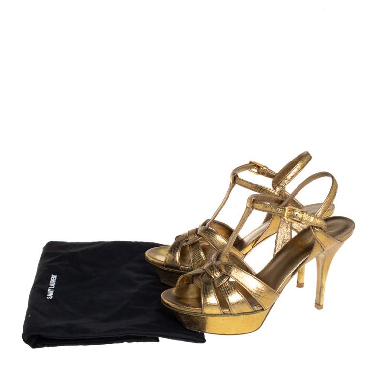Pre Owned Saint Laurent Gold Leather Tribute Sandals Size 37.5