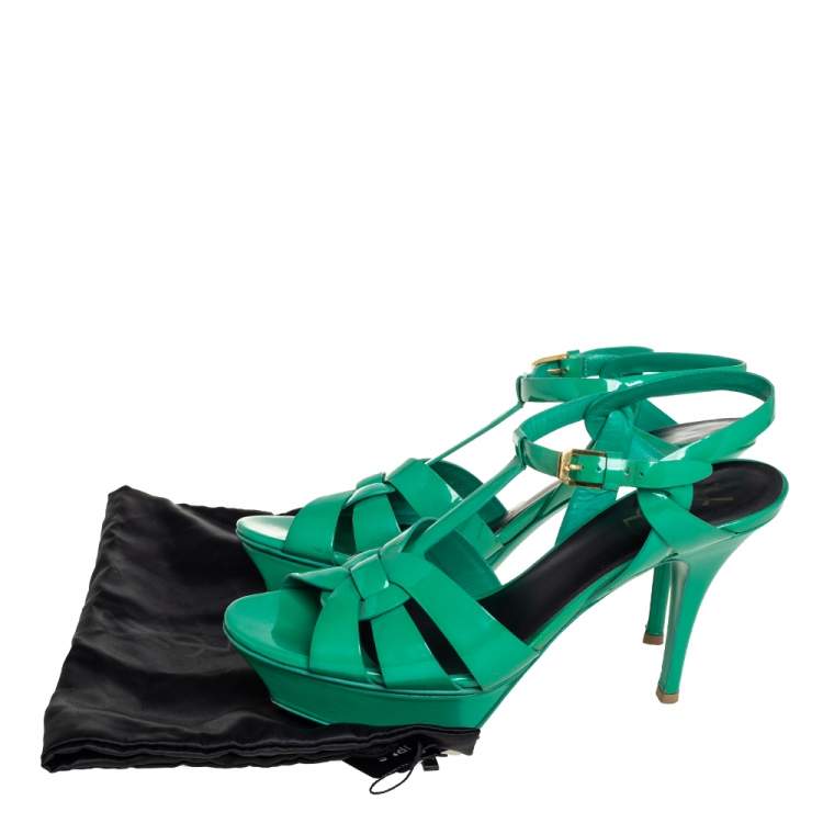 Pre Owned Saint Laurent Green Patent Leather Tribute Sandals Size 40