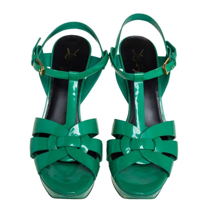 Pre Owned Saint Laurent Green Patent Leather Tribute Sandals Size 40