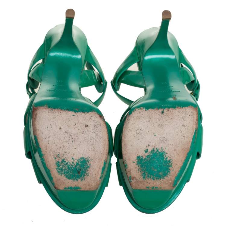 Pre Owned Saint Laurent Green Patent Leather Tribute Sandals Size 40