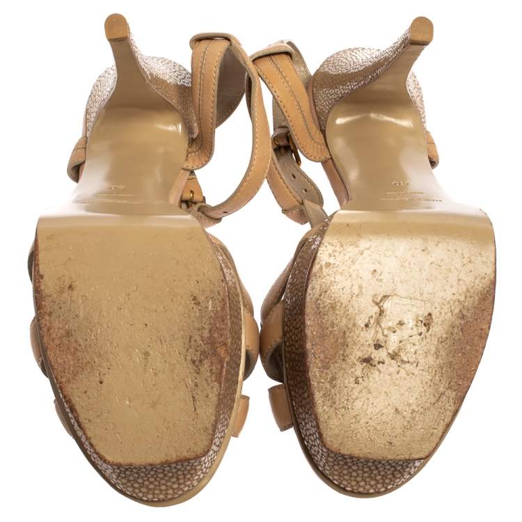 Pre Owned Saint Laurent Beige Leather and Textured Leather Ankle Strap Platform Sandals Size 40 