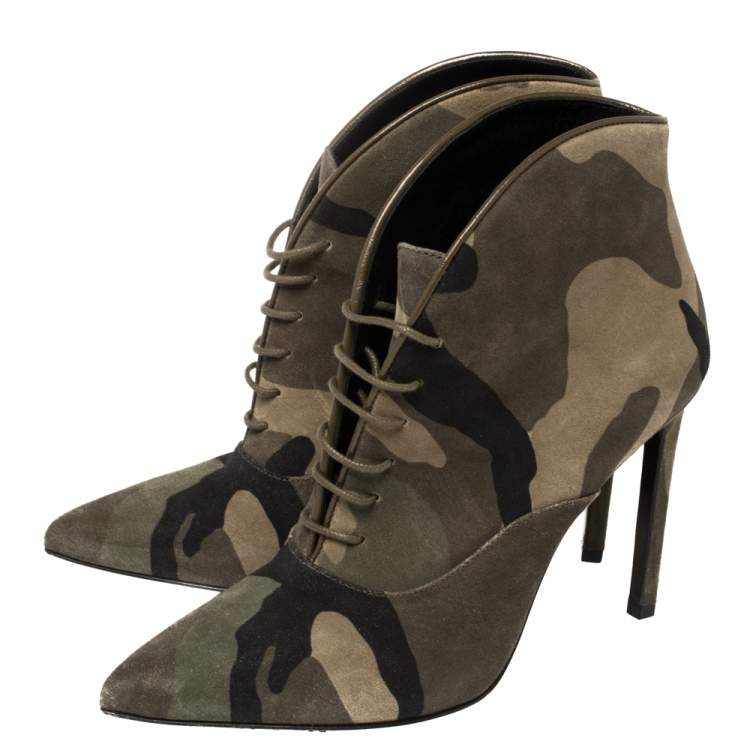 Pre Owned Saint Laurent Multicolor Camo Suede Lace Up Booties Size 35.5