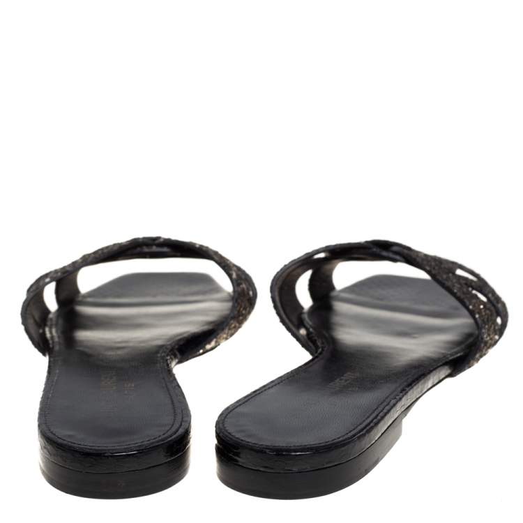 Pre Owned Saint Laurent Black/Gold Coarse Glitter Tribute Flats Size 36.5