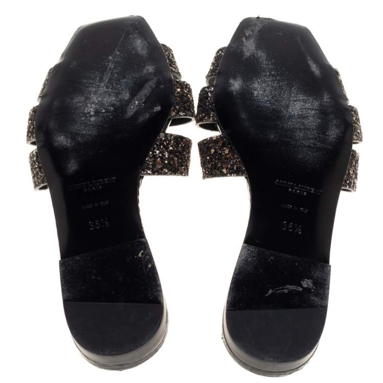Pre Owned Saint Laurent Black/Gold Coarse Glitter Tribute Flats Size 36.5