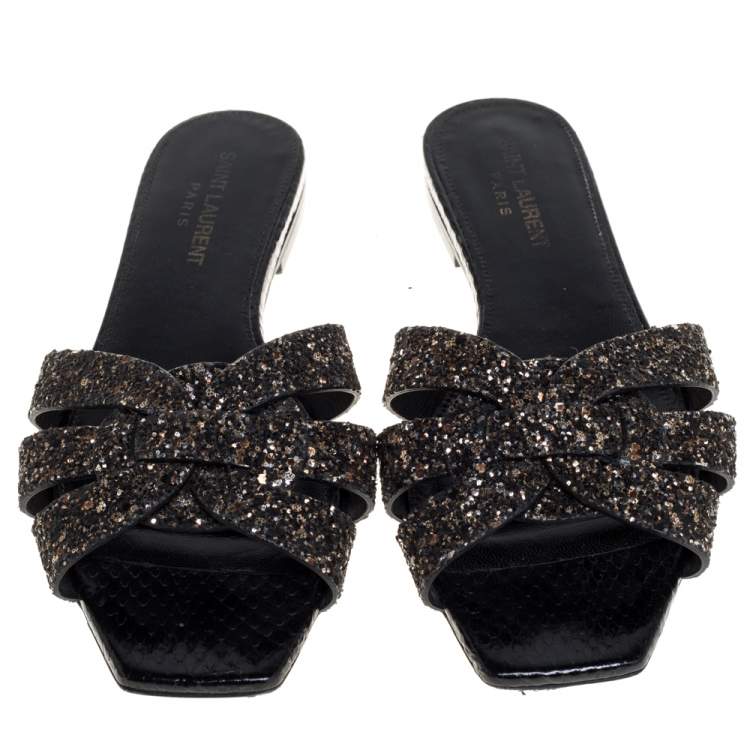 Pre Owned Saint Laurent Black/Gold Coarse Glitter Tribute Flats Size 36.5