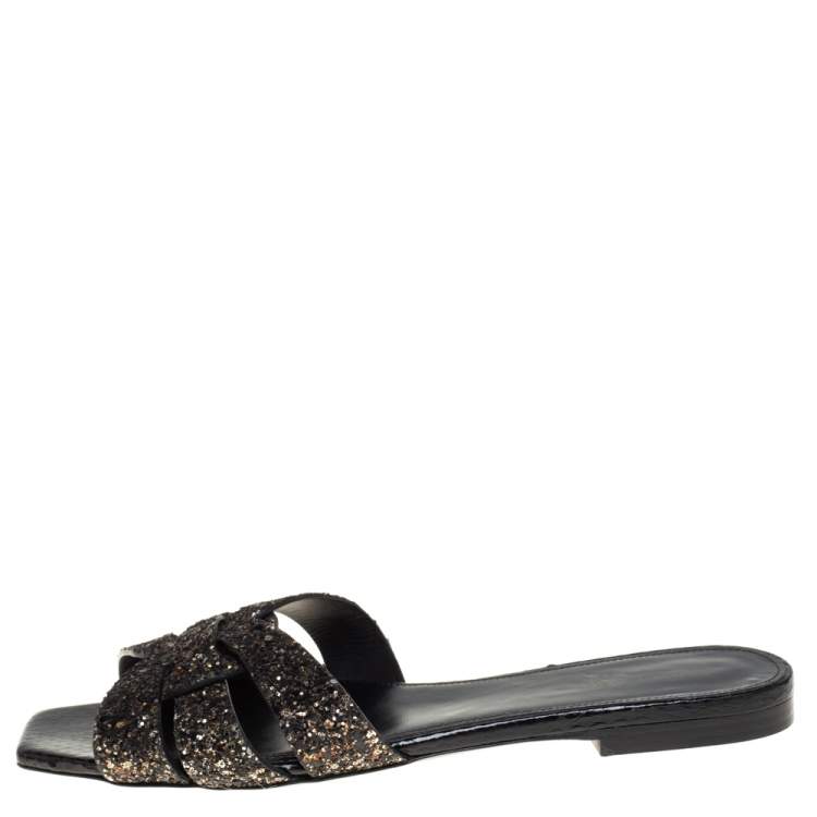 Pre Owned Saint Laurent Black/Gold Coarse Glitter Tribute Flats Size 36.5