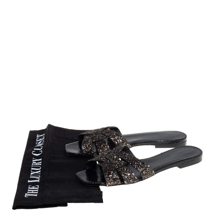 Pre Owned Saint Laurent Black/Gold Coarse Glitter Tribute Flats Size 36.5