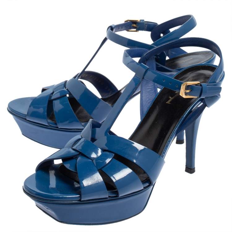 Pre Owned Saint Laurent Blue Patent Leather Tribute Sandals Size 39.5