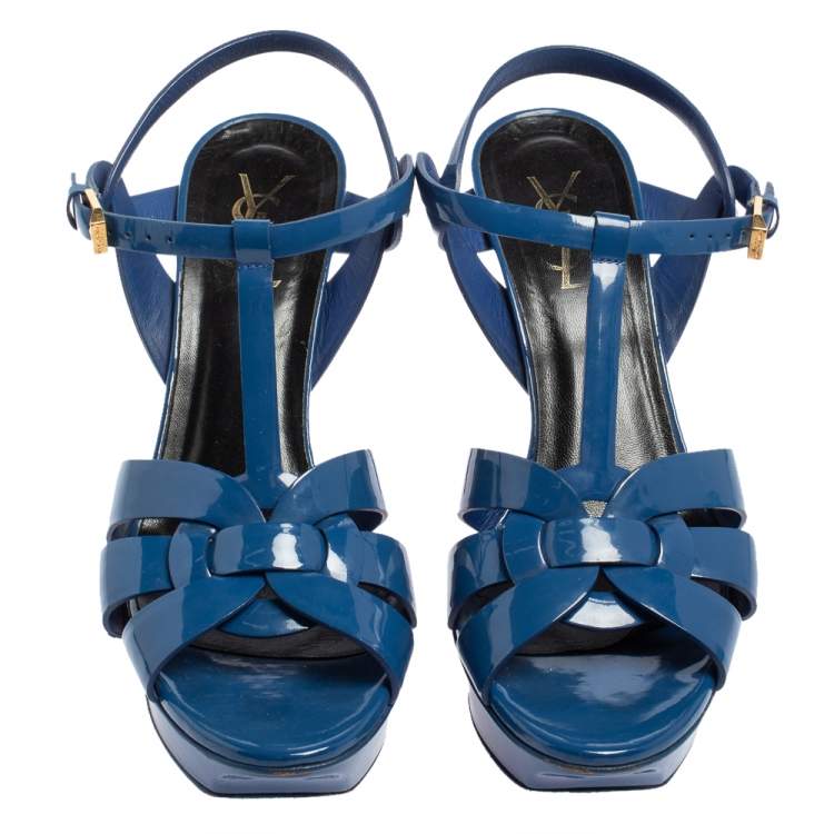 Pre Owned Saint Laurent Blue Patent Leather Tribute Sandals Size 39.5