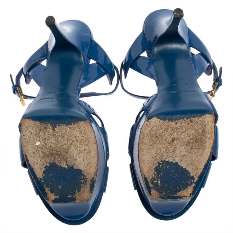 Pre Owned Saint Laurent Blue Patent Leather Tribute Sandals Size 39.5