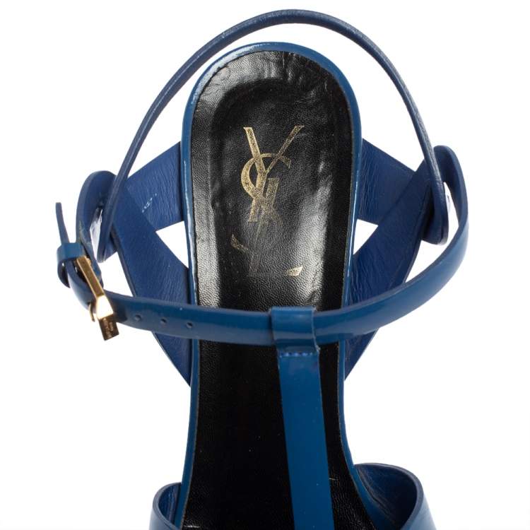 Pre Owned Saint Laurent Blue Patent Leather Tribute Sandals Size 39.5