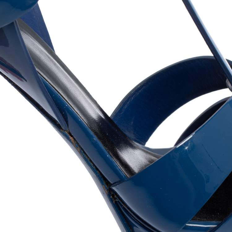 Pre Owned Saint Laurent Blue Patent Leather Tribute Sandals Size 39.5