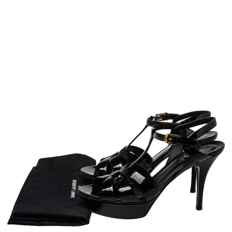 Pre Owned Saint Laurent Black Patent Leather Tribute Platform Ankle Strap Sandals Size 39